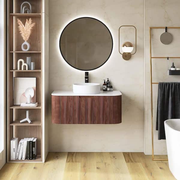 Yingze 36 in. Wall Mounted Single Sink Walnut Bath Vanity with
