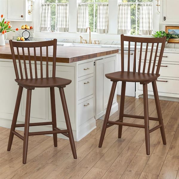 LUE BONA Winston 24 in. Brown Windsor Barstool Wooden Farmhouse Spindle Back Counter Height Stool for Kitchen Island (Set of 2)
