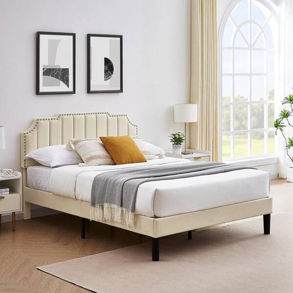 VECELO Upholstered Bed Beige Metal plus Wood Frame Queen Platform Bed ...