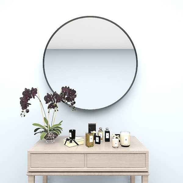 UKISHIRO 30 in. W x 30 in. H Round Black Aluminum Framed Wall Bathroom Vanity Mirror in Black