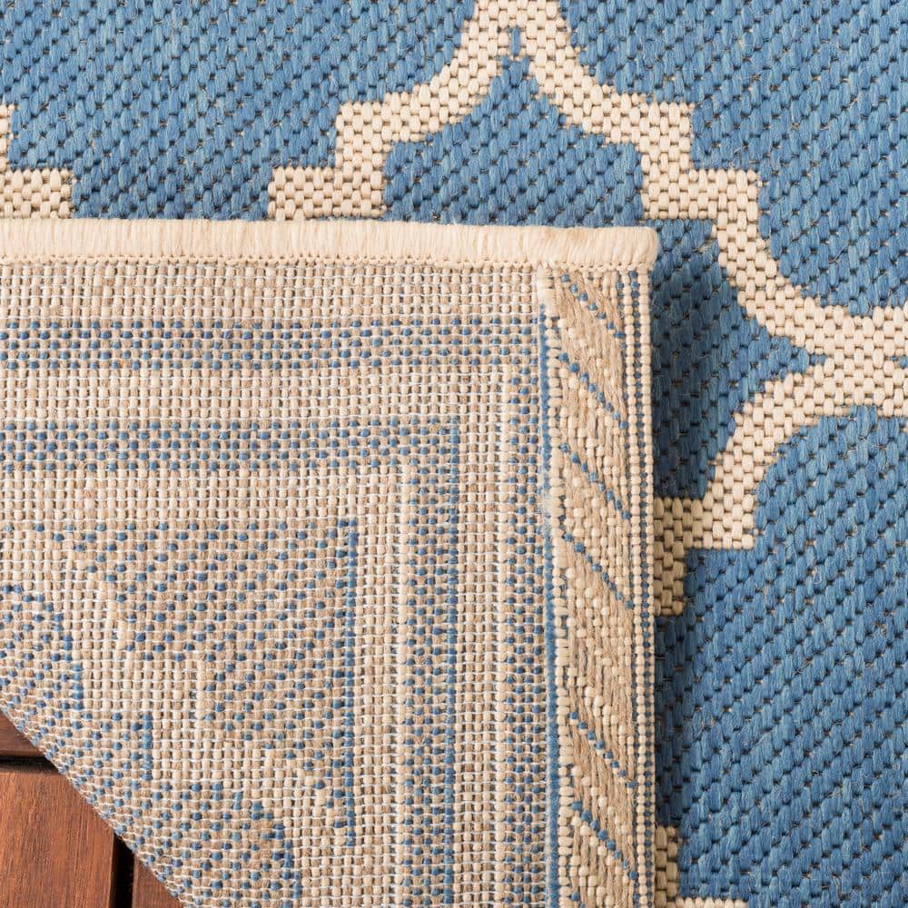 Cream and Blue Geometric Easy-Care Outdoor Area Rug, 5'3" x 7'6"