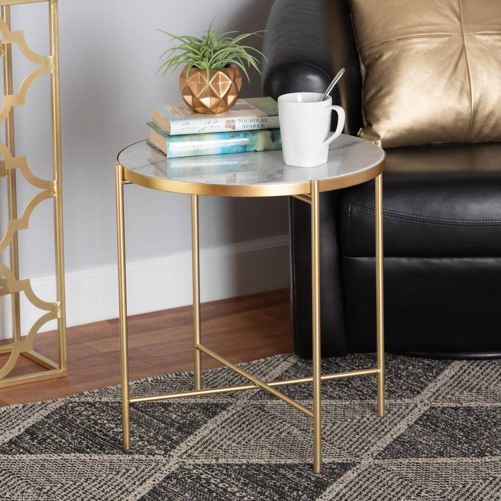 Maddock 19.3" Round White Marble and Gold Metal End Table