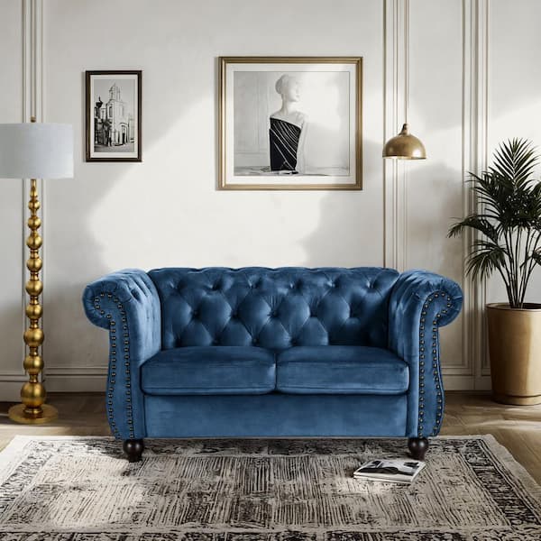 Chesterfield 62 in. Wide Rolled Arm Velvet Modern Rectangle Loveseat in Dark Blue