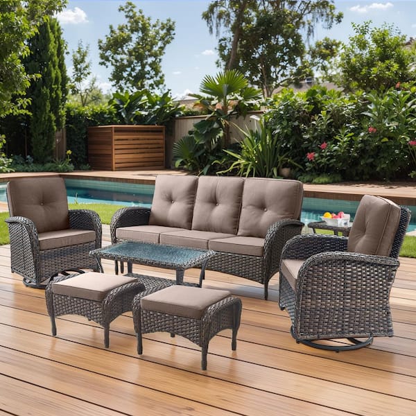 SleekArm 7-Piece Brown Wicker Patio Conversation Set with Olefin Gray Cushion/Sofa/Patio Swivel Glider Chairs