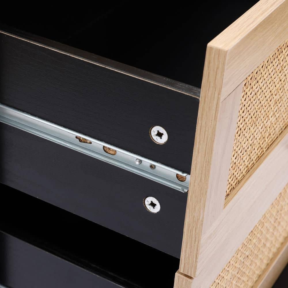 Mid-Century Black and Rattan 5-Drawer Vertical Chest