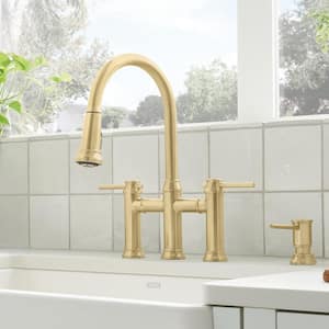 EMPRESSA Double Handle Gooseneck Bridge Kitchen Faucet with Pull-Down Sprayer in Satin Gold