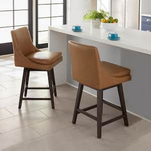 Fiona 26.8 in. Saddle Brown High Back Solid Wood Frame Swivel Counter Height Bar Stool with Faux Leather Seat(Set of 2)