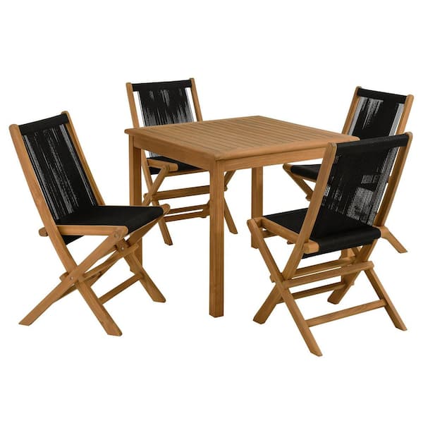 Vienna 5-Piece Outdoor Patio Teak Wood Dining Set with Rope Folding Chairs in Natural Black