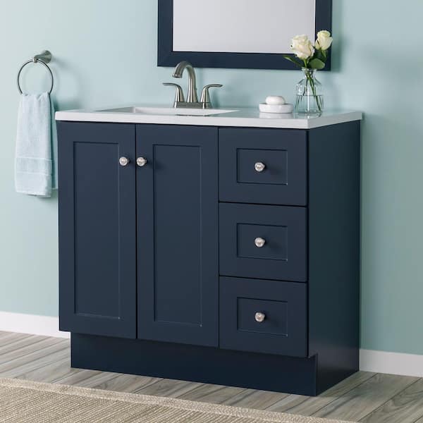 Glacier Bay Bannister 37 in. W x 19 in. D x 35 in. H Single Sink  Bath Vanity in Deep Blue with White Cultured Marble Top