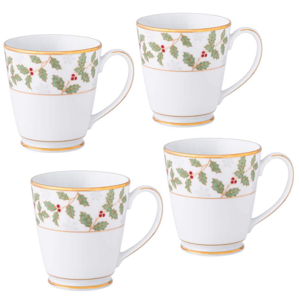 Noritake Holly and Berry Gold 12 fl. oz. White Porcelain Mugs, Set of 4 -  4173-484D