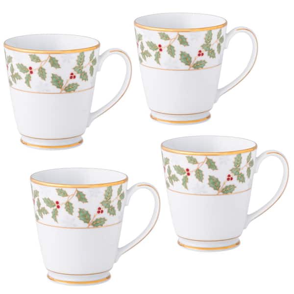 Noritake Holly and Berry Gold 12 fl. oz. (White) Porcelain Mugs, Set of 4