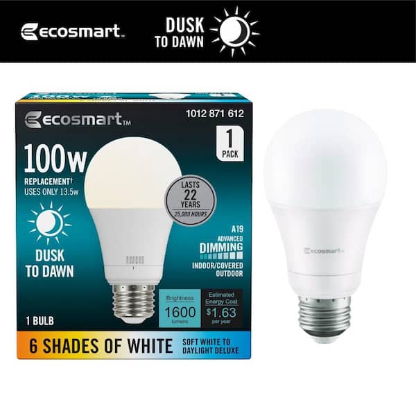 100-Watt Equivalent A19 E26 Base Dimmable Dusk to Dawn LED Light Bulb with Selectable Color Temperature (1-Pack)