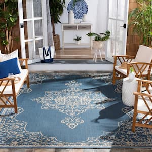 Beach House Cream/Blue 8 ft. x 8 ft. Solid Medallion Floral Indoor/Outdoor Patio  Square Area Rug