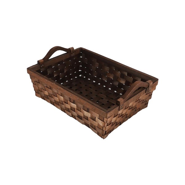 15.3 in. W x 4.7 in. H Rectangular Wicker Basket, Woven Wooden Storage Tray with Handles for Gift Bread in Dark Brown