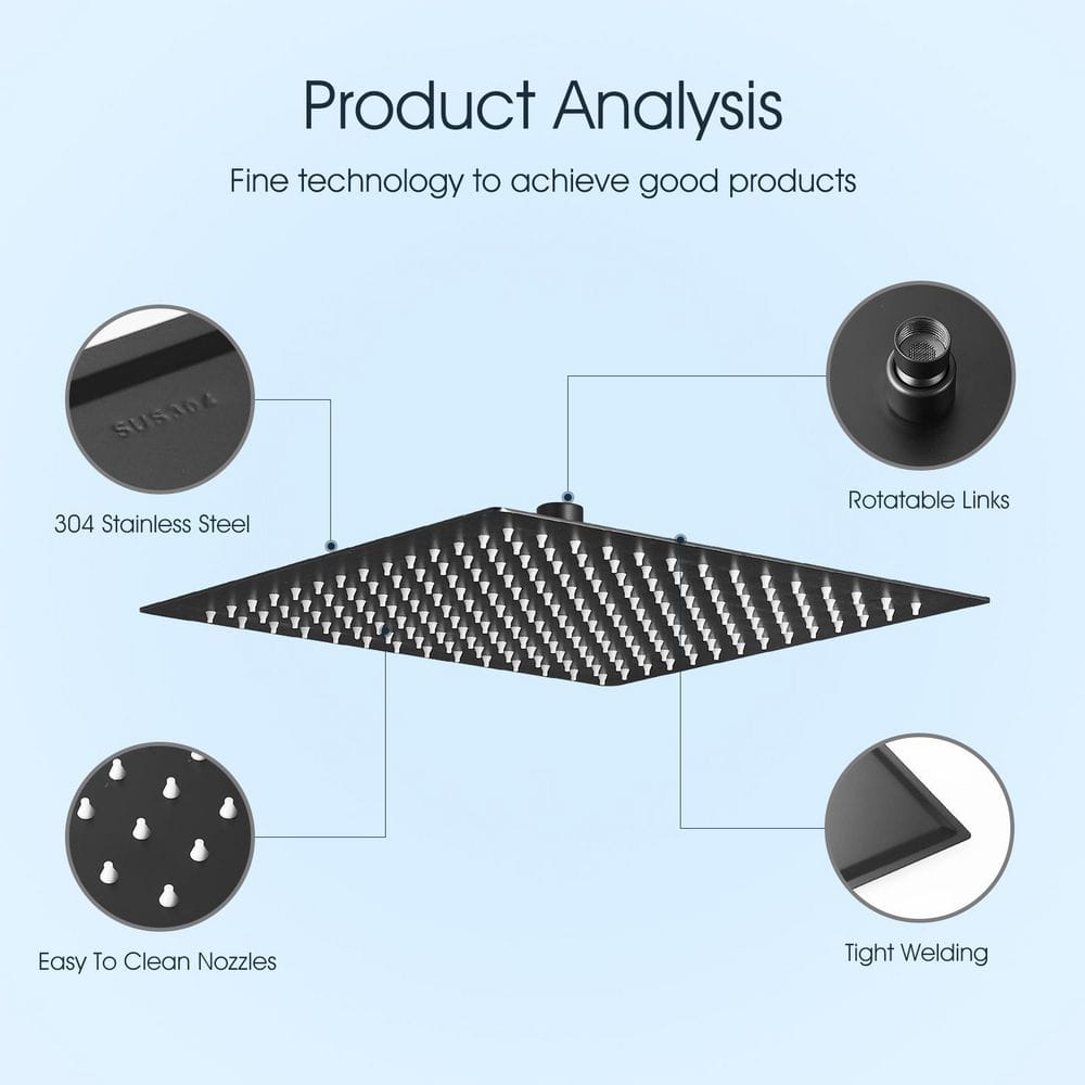 Matte Black 12-Inch Square Stainless Steel Rain Shower Head
