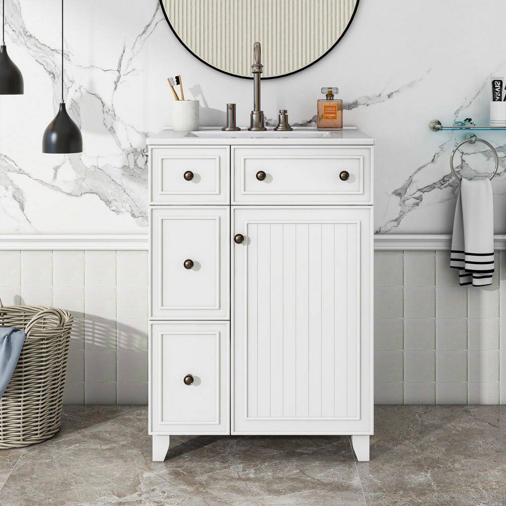 24in.W x 18.3 in.D x 34.3 in.H White Bathroom Vanity Cabinet Freestanding,2 Drawers, 1 Door,Top Ceramic with White Basin price history on PriceWatchPro