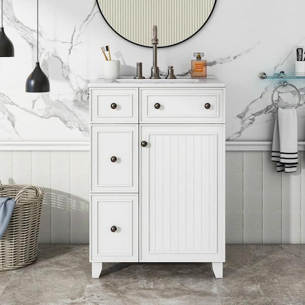 24in.W x 18.3 in.D x 34.3 in.H White Bathroom Vanity Cabinet Freestanding,2 Drawers, 1 Door,Top Ceramic with White Basin