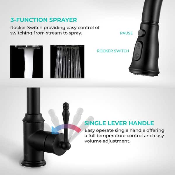 Easy-Install Single-Handle Pull-Down Sprayer Kitchen Faucet with Flexible Hose in Matte Black Easy-Install Single-Handle Pull-Down Sprayer Kitchen Faucet with Flexible Hose in Matte Black