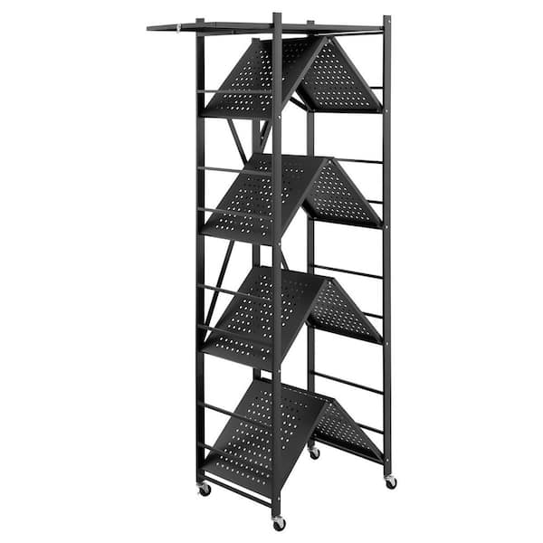5 Tiers Steel Frame Folding Household Shelving Unit with Lockable Wheels in Black (28 in. W x 64 in. H x 15 in. D)