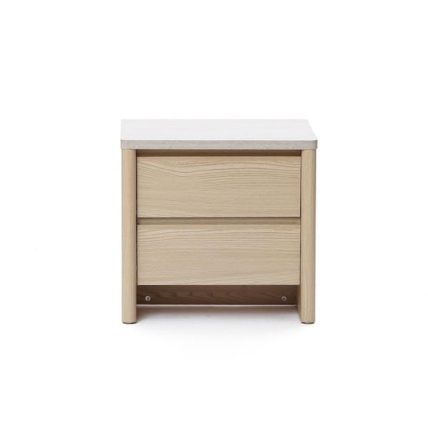 Snowy Oak 2 Drawers Nightstand and End Table, Faux Travertine Top, Durable Manufactured Wood