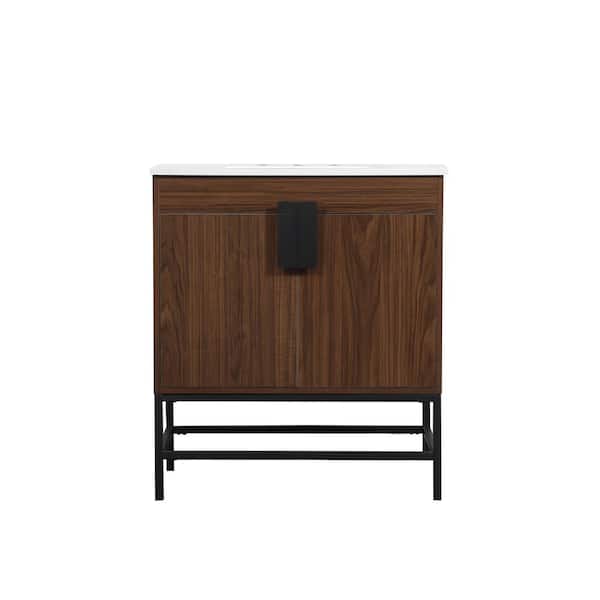 Unbranded Timeless Home 30 in. W x 19 in. D x 33.5 in. H Bath Vanity in Walnut with Ivory White Engineered Stone Top