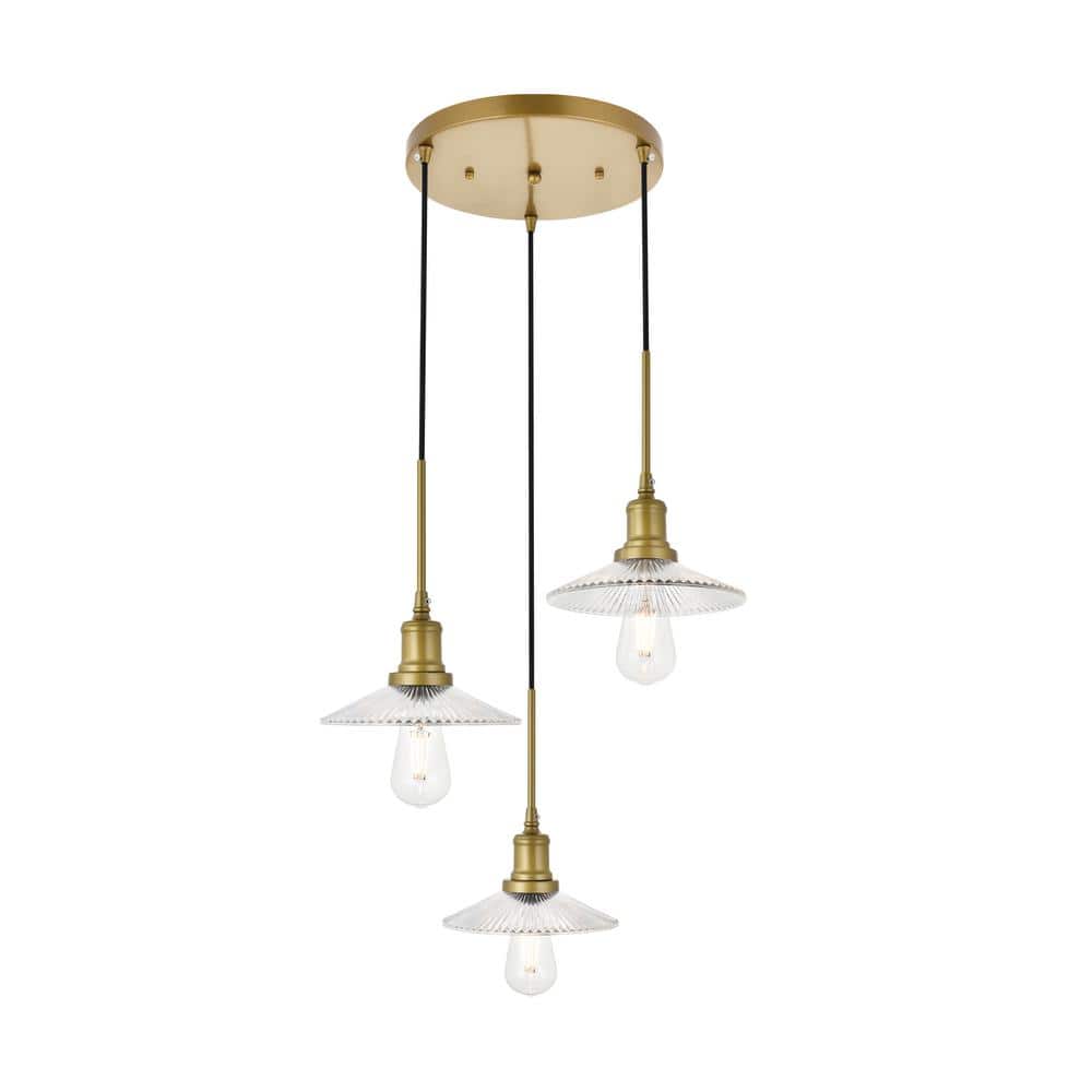 Timeless Home Walker 3-Light Pendant in Brass and Clear with 8.5 in. W x 2 