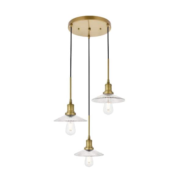 Unbranded Timeless Home Walker 3-Light Pendant in Brass and Clear with 8.5 in. W x 2 in. H Shade