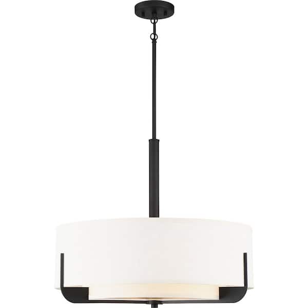 Frankie 100-Watt 4-Light Aged Bronze Shaded Pendant Light with White Glass Shade, No Bulbs Included