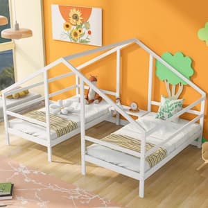 White Twin Size Double Triangular House Beds with Built-in Table
