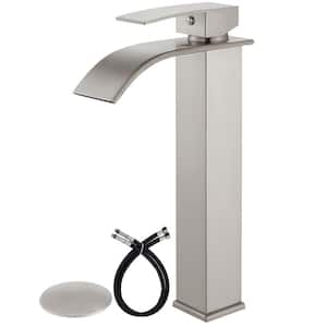 Single Handle Waterfall Vessel Sink Faucet Drain Kit Included and Single Hole in Brushed Nickel