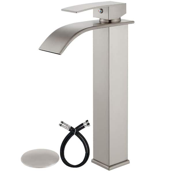 MTTCLE Single Handle Waterfall Vessel Sink Faucet Drain Kit Included and Single Hole in Brushed Nickel
