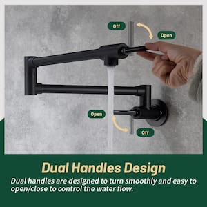 Wall Mounted Folding Pot Filler with Double-Handle Brass Stretchable Kitchen Sink Faucet in Matte Black