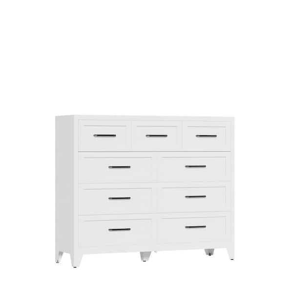 9-Drawer White Metal Tall Dresser, Smooth Slide Chest of Drawers with Modern Handles in White