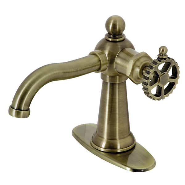 Kingston Brass Fuller Single-Handle Single Hole Bathroom Faucet with Push Pop-Up and Deck Plate in Antique Brass