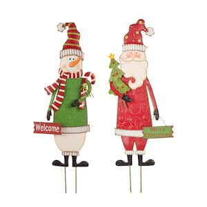 Metal Snowman and Santa Yard Stake or Standing Decor or Wall Decor (KD, 3-Function) Set of 2