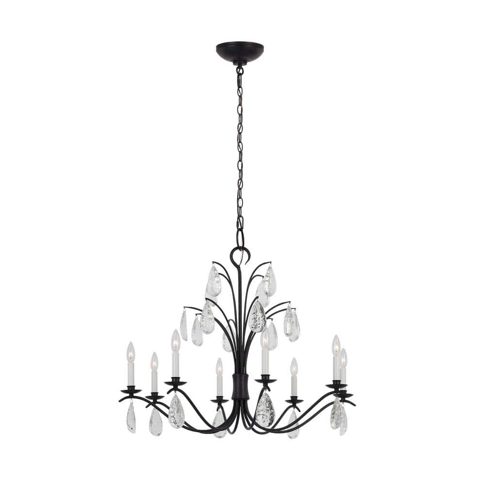 Aged Iron 8-Light Candle Style Chandelier with Crystal Drops