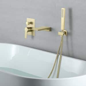 Single-Handle Wall-Mount Roman Tub Faucet with Hand Shower and Waterfall Spout in Brushed Gold (Valve Included)