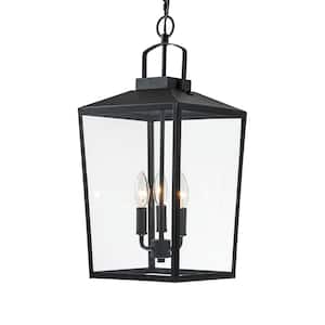 21.25 in. 3-Light Black Dimmable Outdoor Pendant Light with Clear Glass Shade and No Bulbs Included