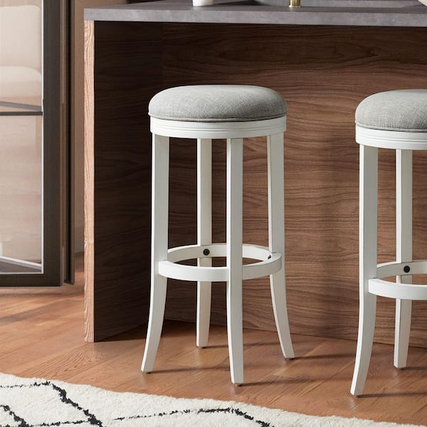 Avery 31 in. White Backless Wood Swivel Bar Stool with Upholstered Gray Seat, 1-Stool
