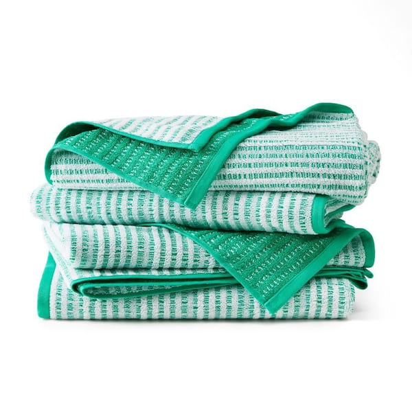 TOWN & COUNTRY LIVING Striped Reversible Terry Organic Cotton 30 in. x 58 in. Green Bath Towel Set 4-Pack