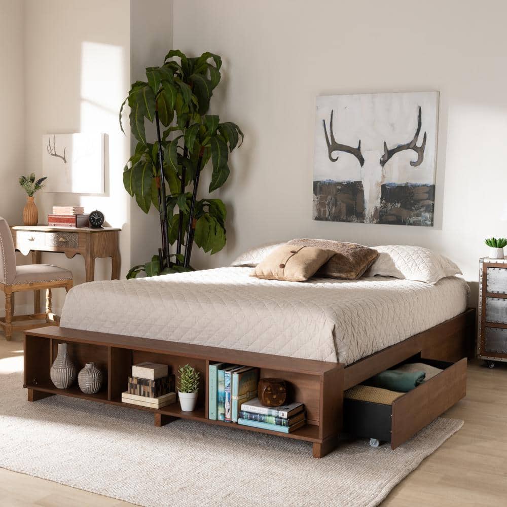 Arthur King Size Ash Walnut Wood Platform Bed with Storage