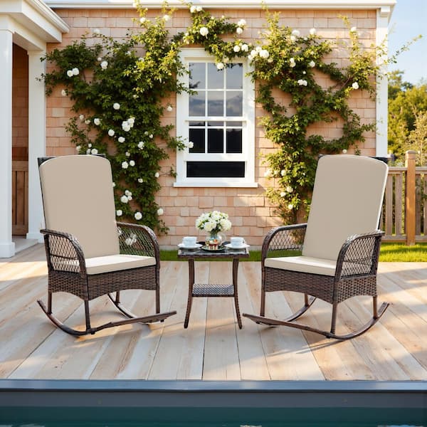 Tozey 3-Pieces Wicker Patio Outdoor Rocking Chair Set with Cushions and Table, Bistro Set with Footrest, Beige