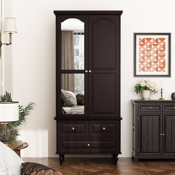 FUFU&GAGA Black Wooden 31.5 in. W Wardrobe Armoires W/Mirror, Hanging Rods, Drawers, adjustable Shelves(19.7 in. D x 70.9 in. H)