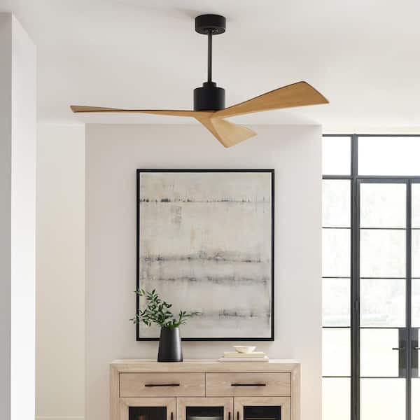 Generation Lighting - Fan Adler 52 in. Indoor/Outdoor Black Modern Standard Downrod Mount Ceiling Fan with Remote and Natural Honey Blades