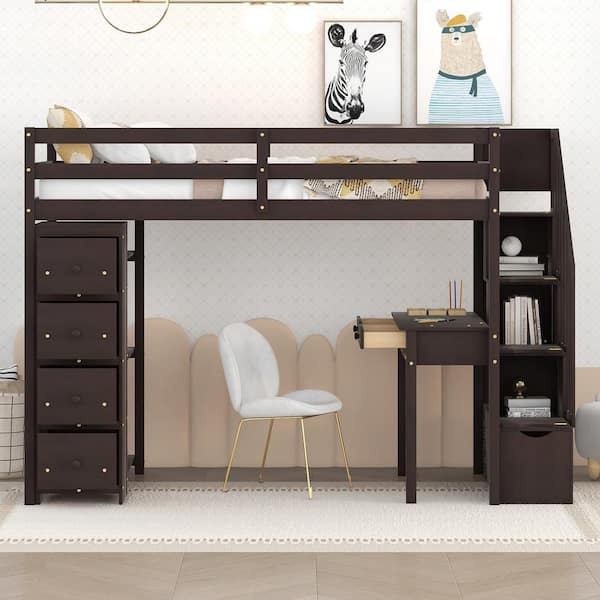 Polibi Twin size Loft Bed with Storage Drawers, Desk and Stairs, Wooden Loft Bed with Shelves-Espresso