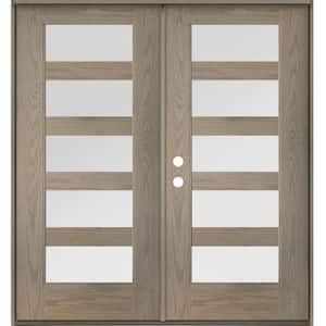 Modern 72 in. x 80 in. 5-Lite Right-Active/Inswing Satin Glass Oiled Leather Stain Double Fiberglass Prehung Front Door