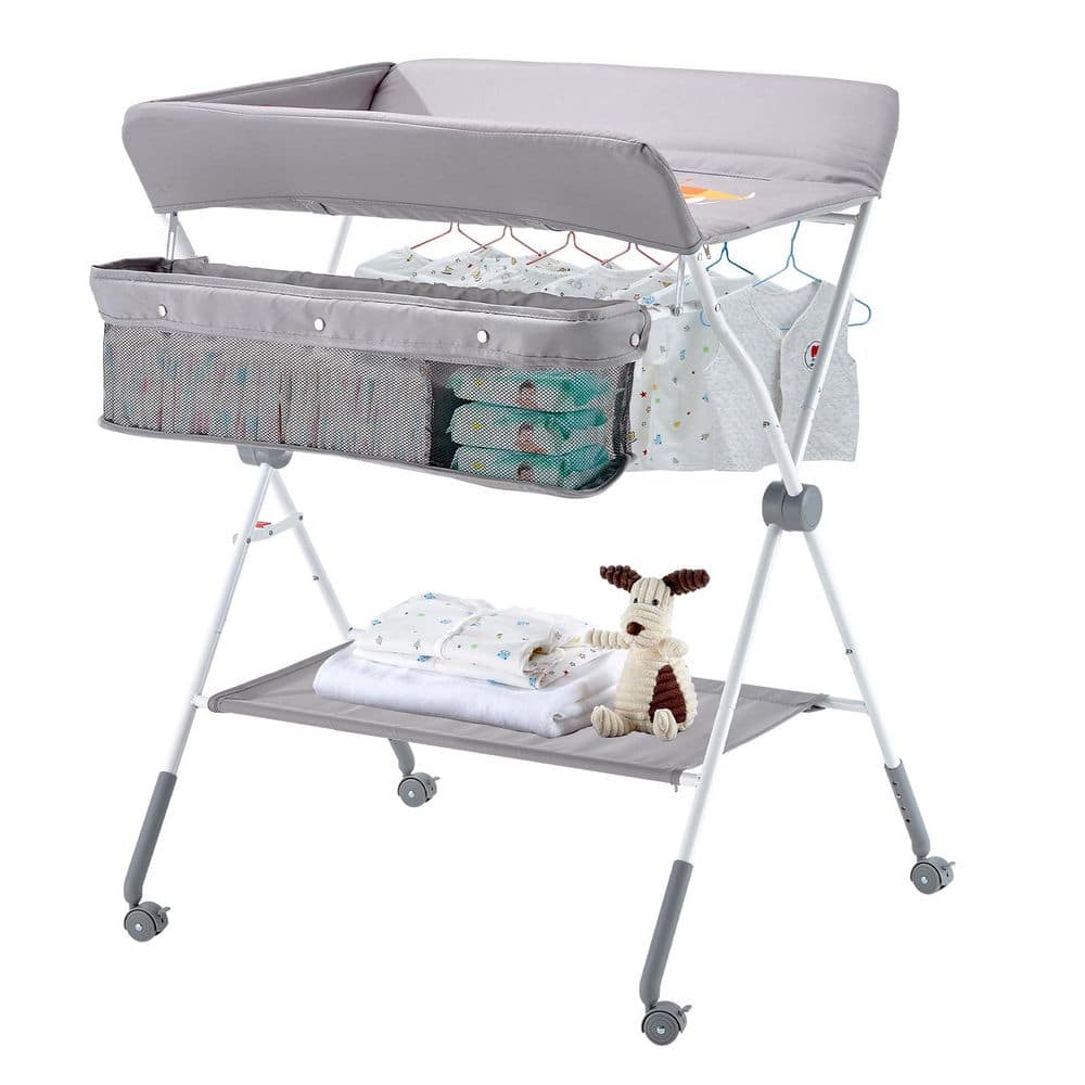 Baby Changing Table, Foldable Diaper Change Station with Side Basket, Adjustable Height Portable, Light Gray