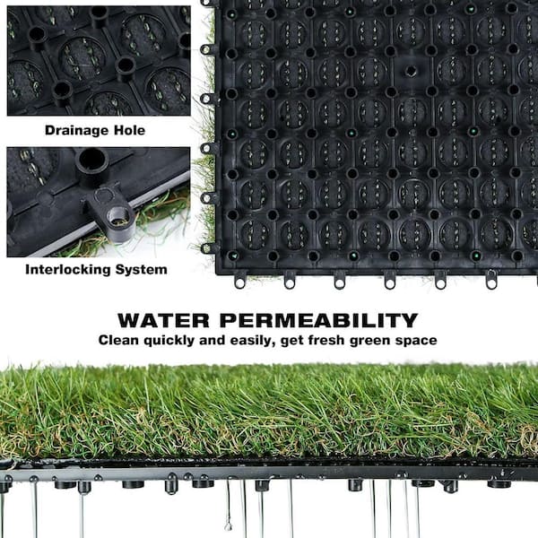 Angel Sar 1 ft. x 1 ft. Composite Green Artificial Grass Turf Interlocking Deck Tiles, Fake Grass Self-draining Mat (18-Piece)