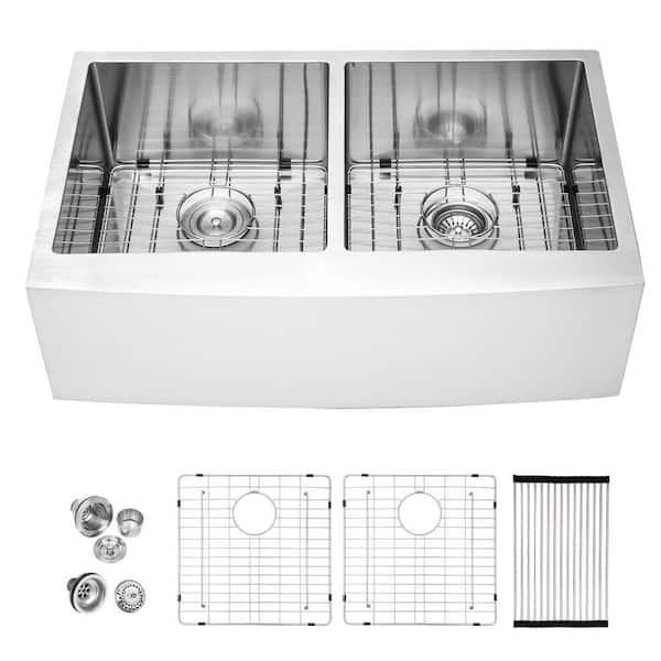 Sarlai 33 in. Farmhouse Apron Double Bowl 16-Gauge Stainless Steel Kitchen Sink with Bottom Grid