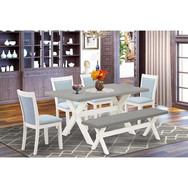 East West Furniture 6-Piece Rectangle Wire Brushed Linen White Finish Solid Wood Top Dining Table with 1-Bench, 4-Chairs with Lattice Back